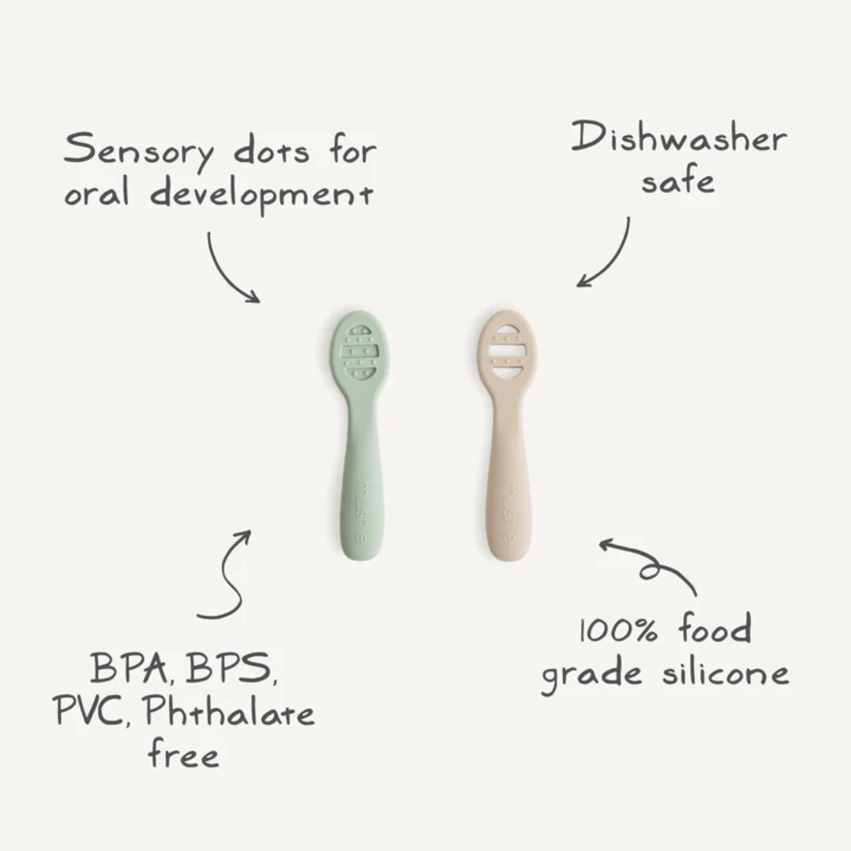 Mushie First Feeding Baby Spoons 2-Pack - Tradewinds/Shifting Sand - Safe, High-Quality Silicone